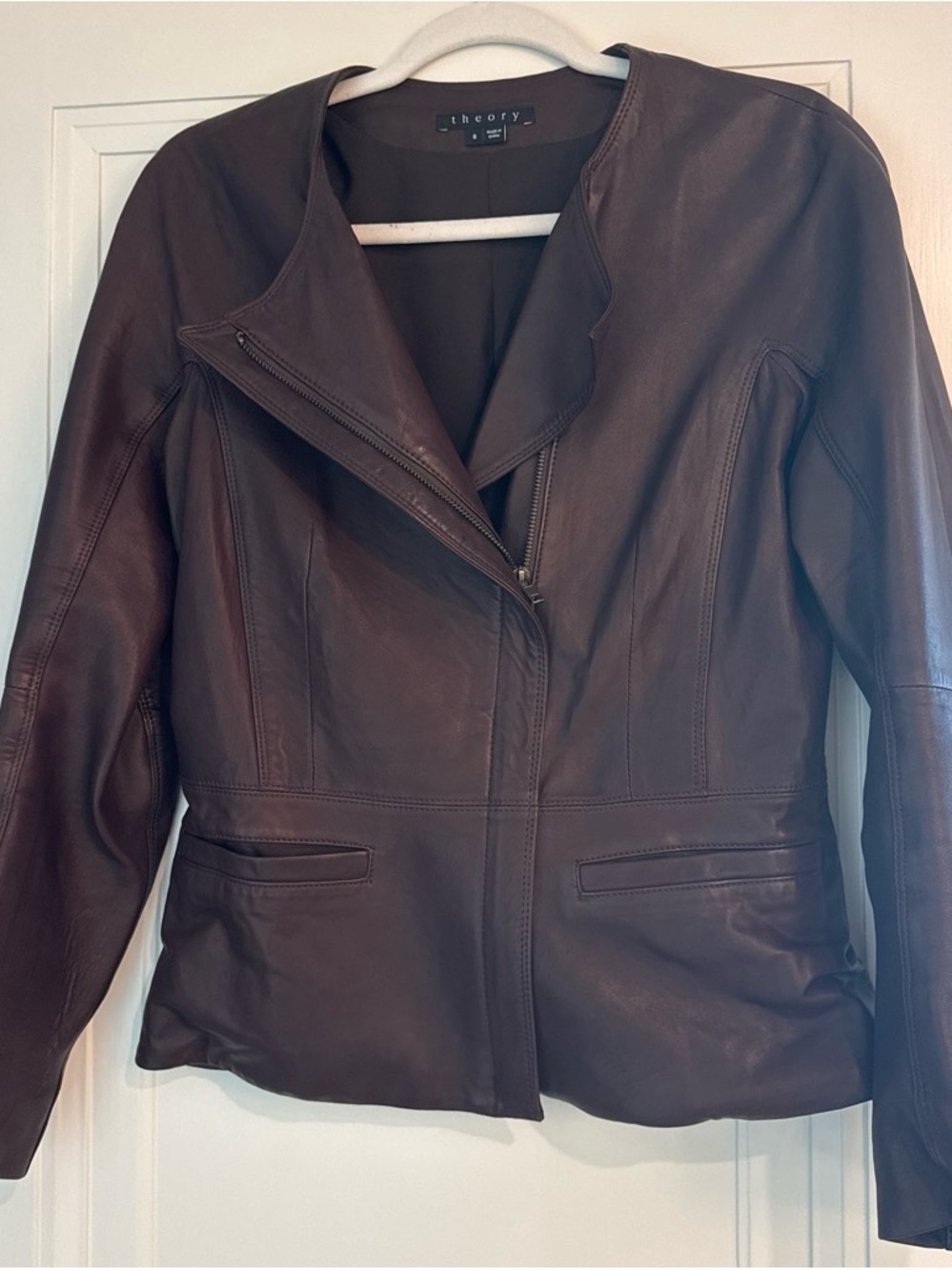 Theory Brown Leather Asymmetrical Zip Jacket